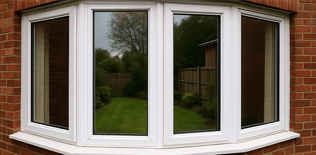 Polished white uPVC bow window installed on red brick exterior, providing enhanced natural light and aesthetic appeal. Perfect for home improvement and energy efficiency.